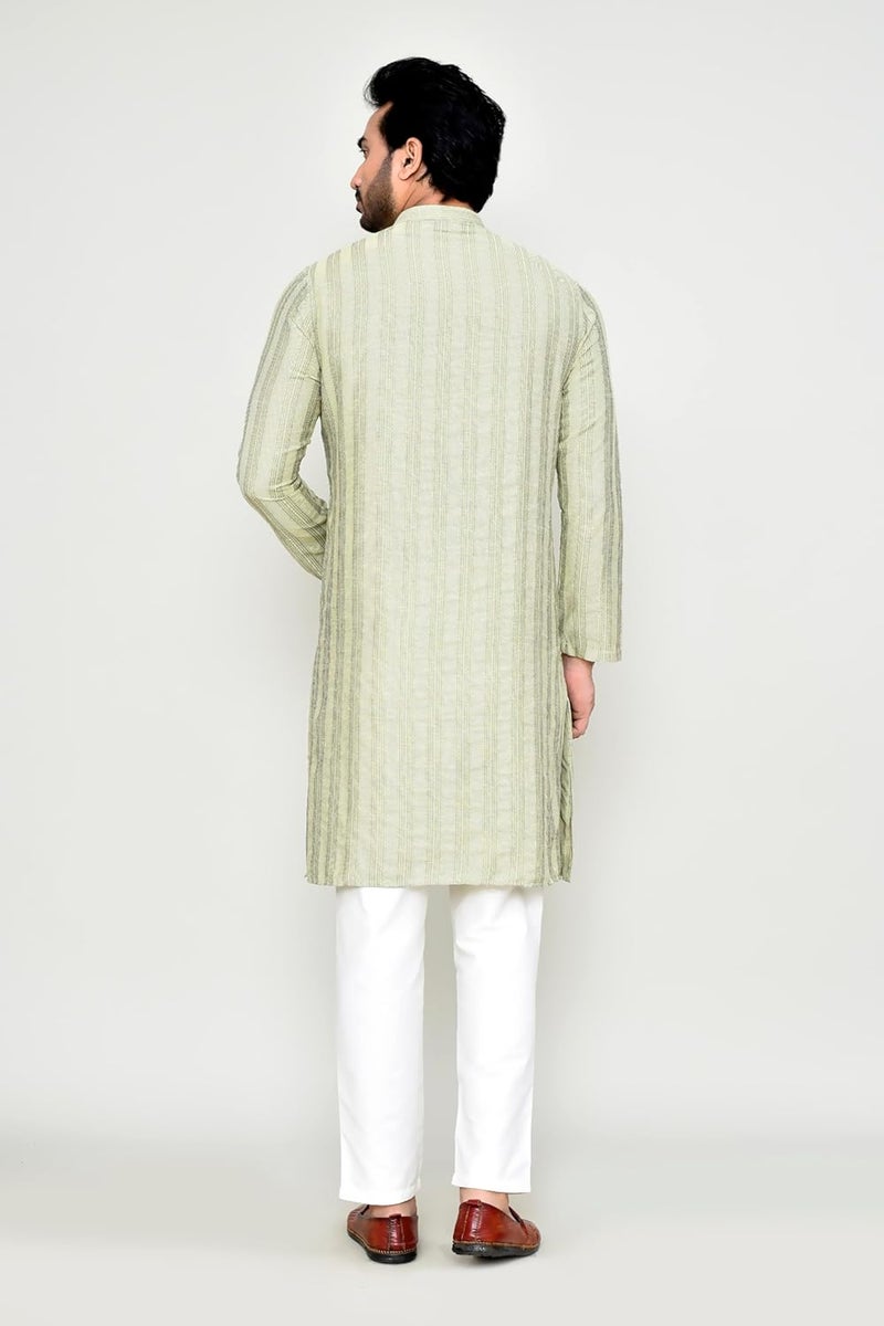 POLY2FAB Men's Cotton Jacquard Striped Kurta Pyjama Set with Full Sleeves & Mandarin Collar - Image 2